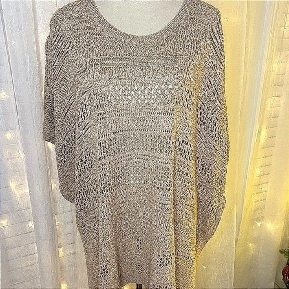 J Jill Open Knit‎ Sweater Poncho One Size Beige Boho Lightweight Crochet Top